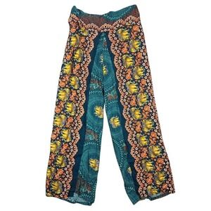 High Thai Womens Elephant Print Wide Leg Boho Pants Teal Orange Cotton Size M L